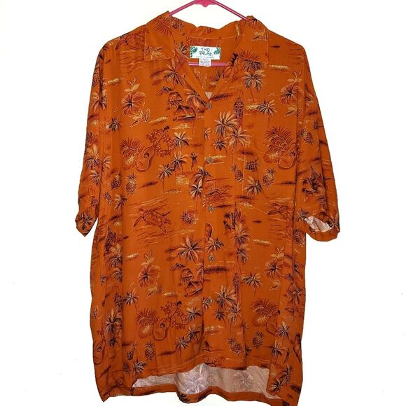 Vintage Two Palms Golden Aloha Hawaiian Palms Rayon Shirt Orange Large - Picture 1 of 9